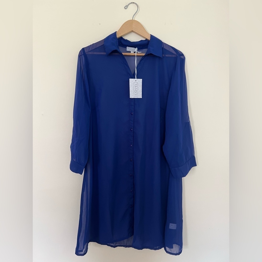 🛍️NEW Tamsy Women Blue Cover Up Shirt Dress Large Beachwear Button Billowy Sheer